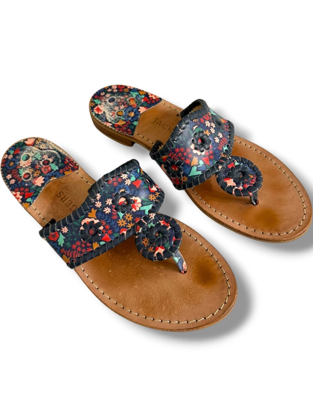 Jack Rogers Jacks Flat Sandals Navy Floral Leather Whipstitch Thong Slide 9M